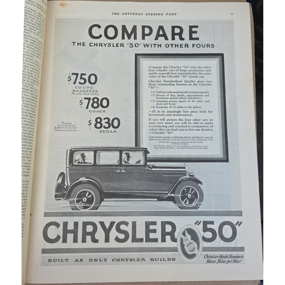 1927 Chrysler 50 Coupe Roadster Coach Sedan Vintage Car Advertisement